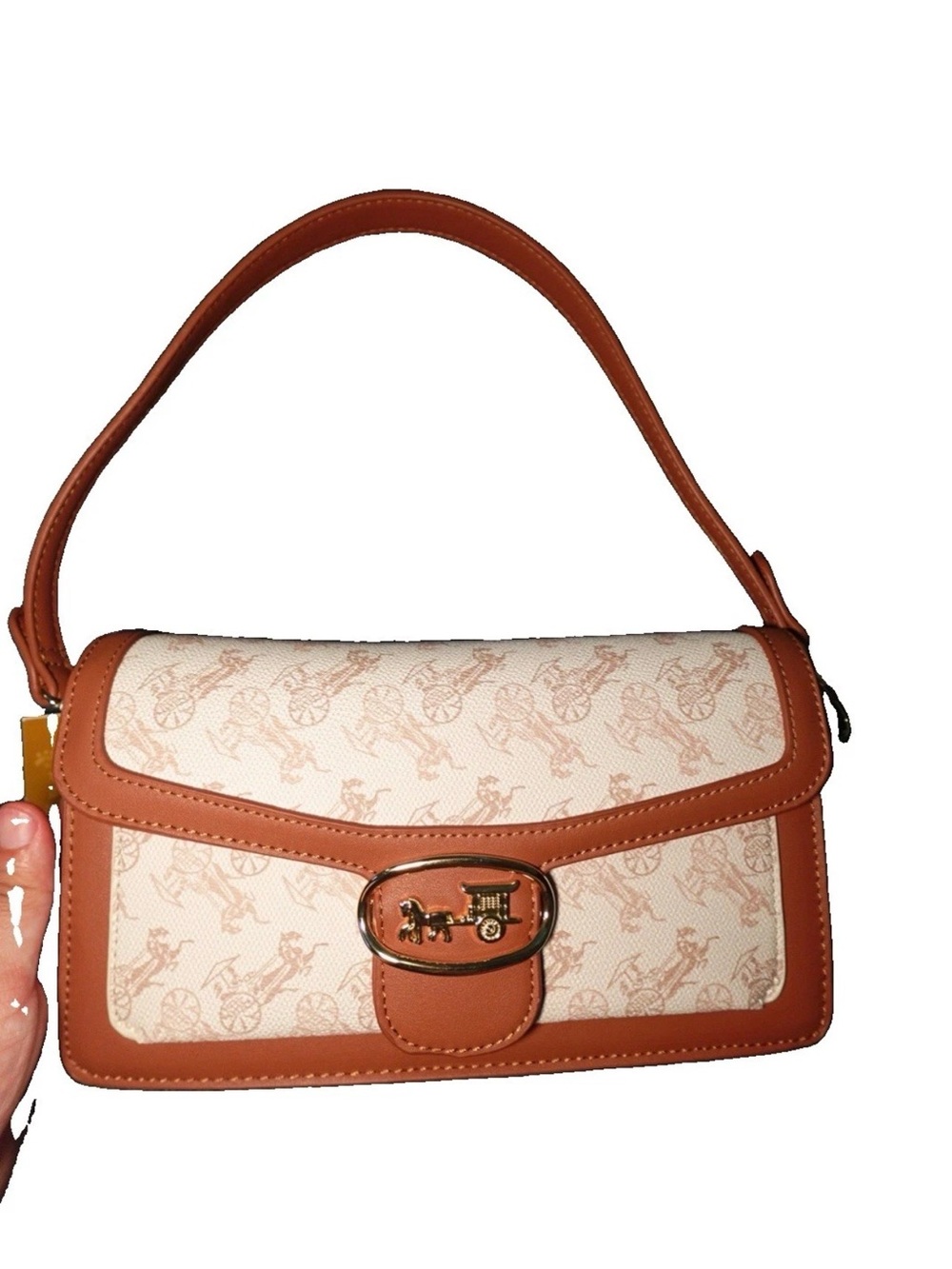 Tan and Cream Shoulder Bag with Horse Carriage Accent